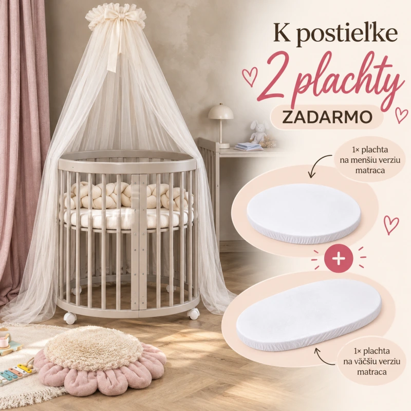 WALDIN okrúhla rastúca postieľka 7v1 s matracom – Kašmírová