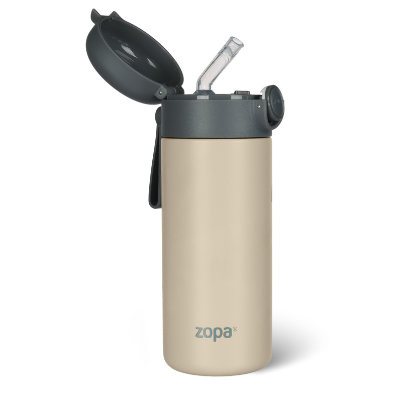 Termoska na tekutiny s brčkem a silikonovým držákem 350 ml, Cookie beige
