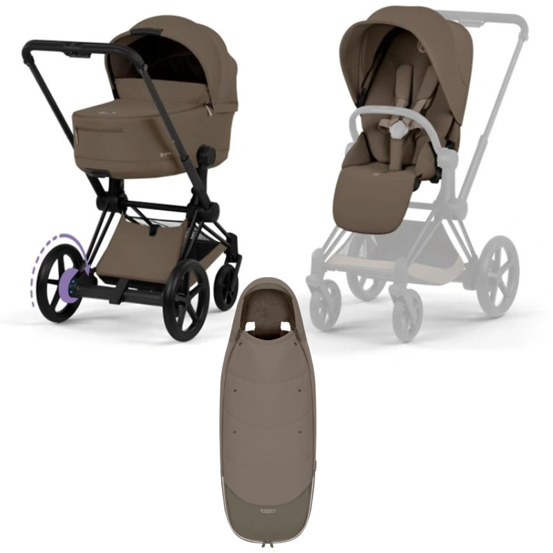 Cybex e-Priam Comfort 2026 rám Matt Black + fusak, Coconut Brown