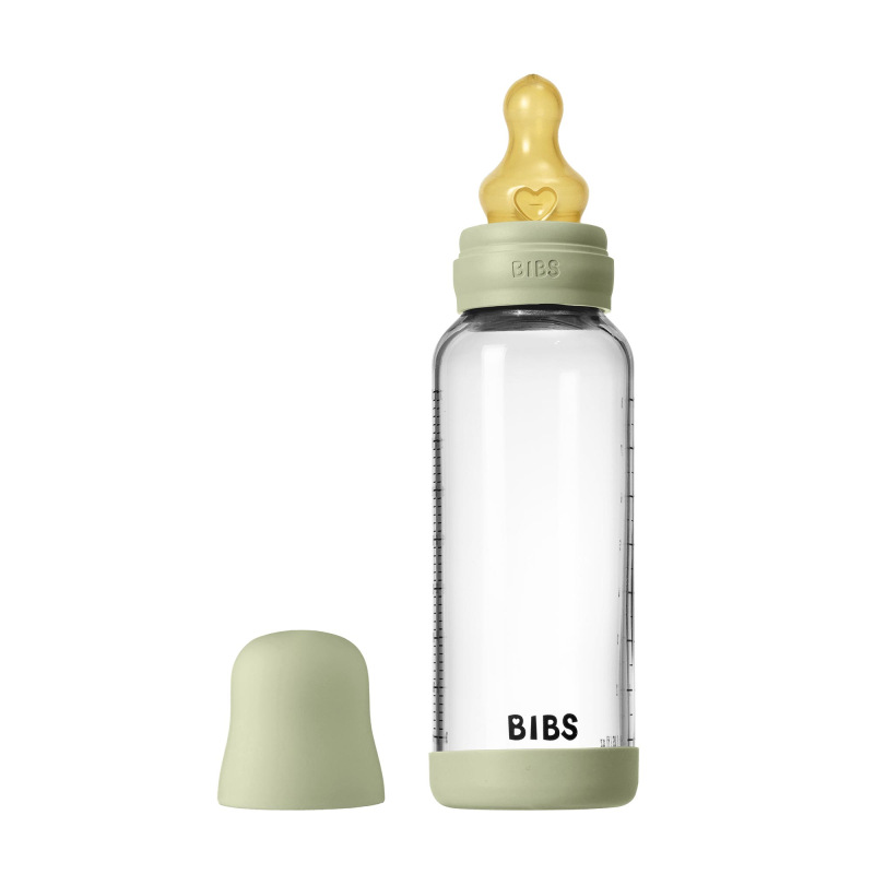 BIBS Antikoliková sklenená fľaša s kaučukovým cumlíkom 240ml, Sage