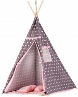 Teepee stan pre deti s výbavou, Hnedo-ružový s hviezdičkami