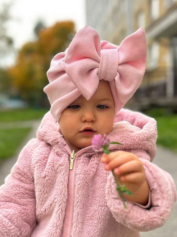 Detská čiapka / Turban s Mašľou, rebrovaná bavlna BABY PINK. 2