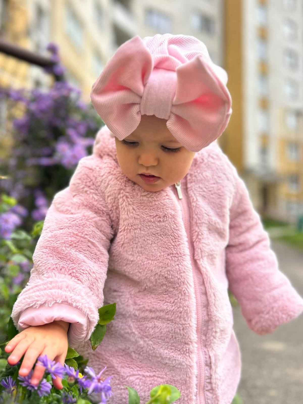 Detská čiapka / Turban s Mašľou, rebrovaná bavlna BABY PINK. 13