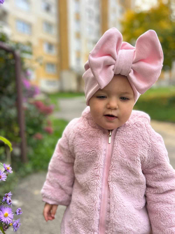 Detská čiapka / Turban s Mašľou, rebrovaná bavlna BABY PINK. 14