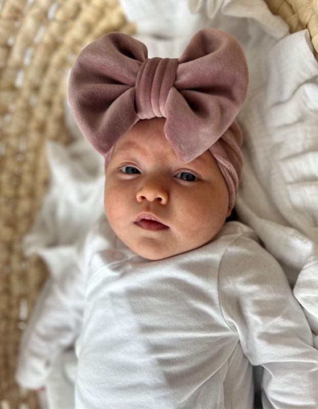 Detská čiapka / Turban s Mašľou, VELVET RUŽOVÁ 4