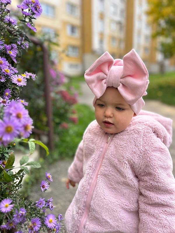 Detská čiapka / Turban s Mašľou, rebrovaná bavlna BABY PINK. 16