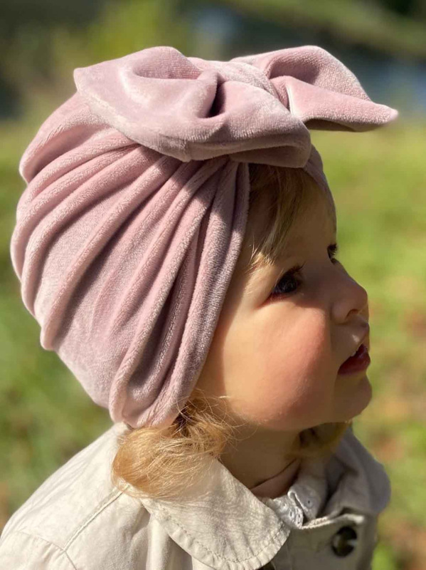 Detská čiapka / Turban s Mašľou, VELVET RUŽOVÁ