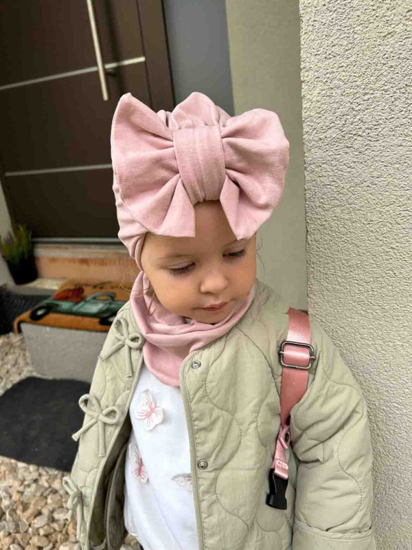 Detská čiapka / Turban s Mašľou, rebrovaná bavlna BABY PINK. 12
