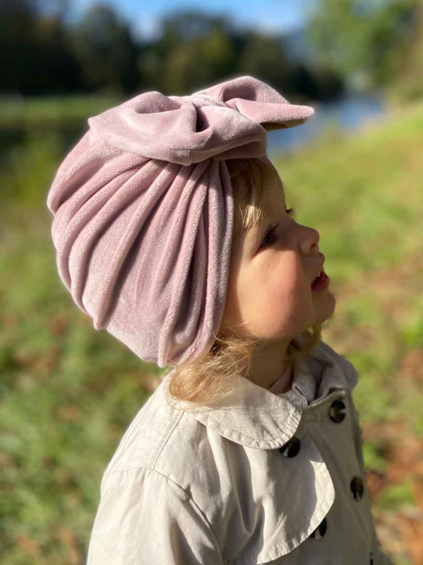 Detská čiapka / Turban s Mašľou, VELVET RUŽOVÁ 5