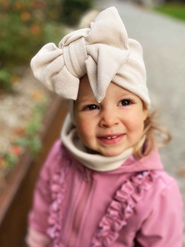 Detská čiapka / Turban s Mašľou, rebrovaná bavlna LATTE 2