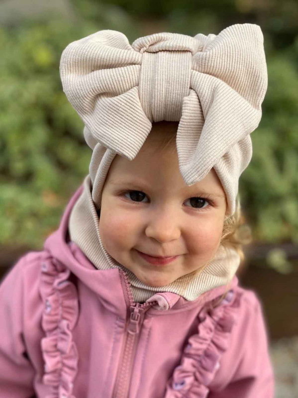 Detská čiapka / Turban s Mašľou, rebrovaná bavlna LATTE 4