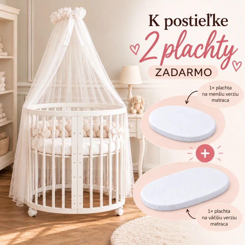 WALDIN okrúhla rastúca postieľka 7v1 s matracom – Biela