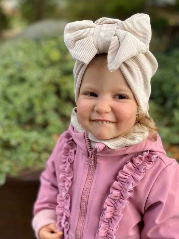 Detská čiapka / Turban s Mašľou, rebrovaná bavlna LATTE 1