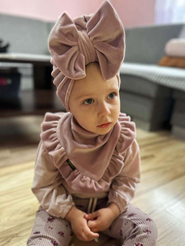 Detská čiapka / Turban s Mašľou, VELVET RUŽOVÁ 12