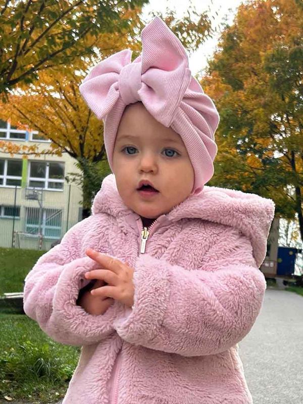 Detská čiapka / Turban s Mašľou, rebrovaná bavlna BABY PINK.