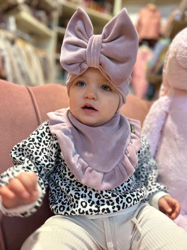 Detská čiapka / Turban s Mašľou, VELVET RUŽOVÁ 10