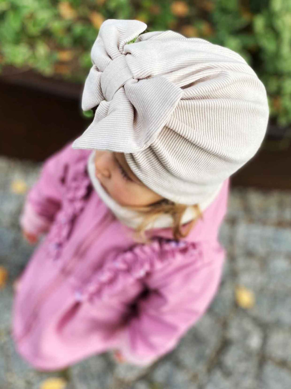 Detská čiapka / Turban s Mašľou, rebrovaná bavlna LATTE 3
