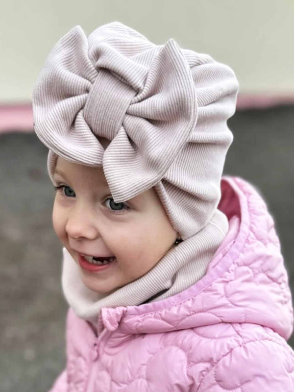 Detská čiapka / Turban s Mašľou, rebrovaná bavlna LATTE 5