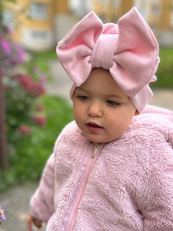 Detská čiapka / Turban s Mašľou, rebrovaná bavlna BABY PINK. 15