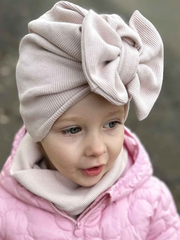 Detská čiapka / Turban s Mašľou, rebrovaná bavlna LATTE 6