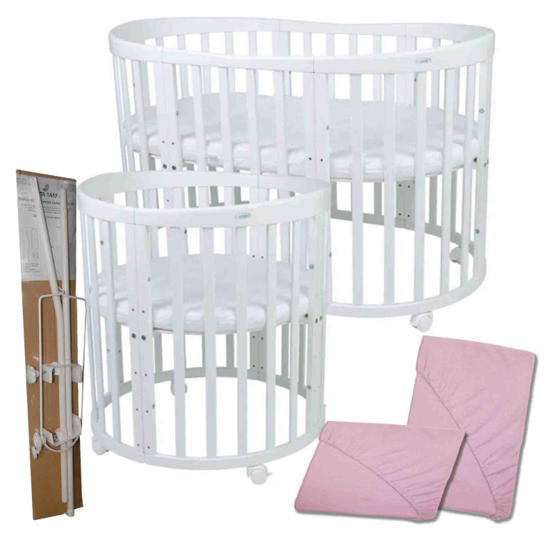 Rastúca postieľka set 7v1 - Biela (matrac, 2x plachta + držiak baldachýnu)