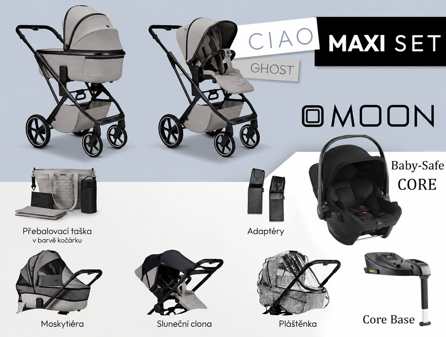 Kočíkový set Moon Ciao Maxi Set Ghost s hlbokou vaničkou, športovým sedením, autosedačkou Baby-Safe Core, ISOFIX základňou, adaptéry a bohatým príslušenstvom.