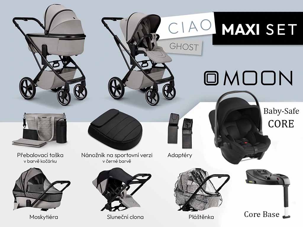 Kočíkový set Moon Ciao Maxi Set Ghost s hlbokou vaničkou, športovým sedením, autosedačkou Baby-Safe Core, ISOFIX základňou, adaptéry a bohatým príslušenstvom.