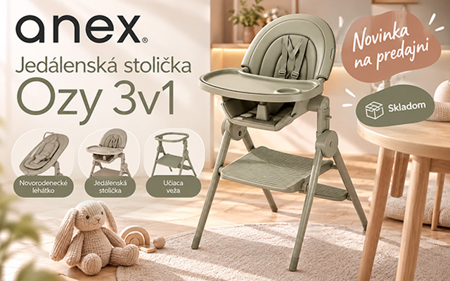 Jedálenská stolička ANEX Ozy 3v1 v zelenom prevedení s funkciou novorodeneckého lehátka a učiacej veže. Novinka na predajni KINDER CENTRUM, skladom.