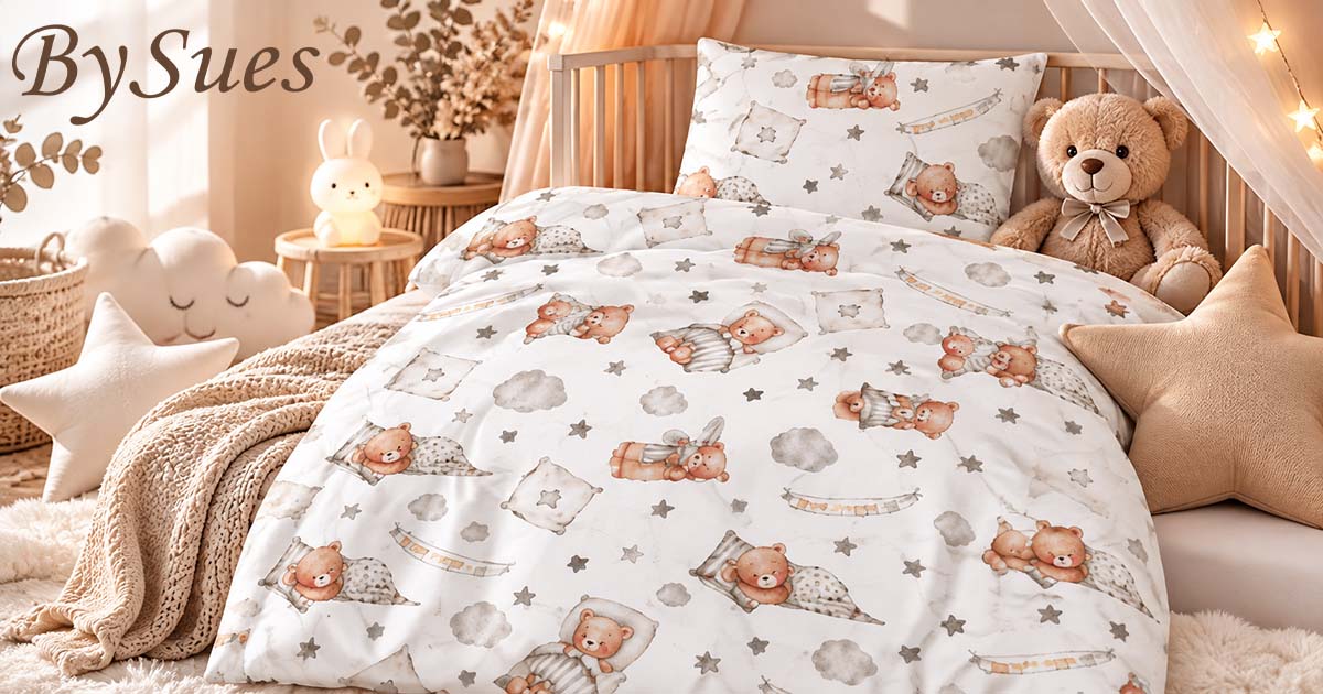 Detské posteľné obliečky BySues Spiaci Macko s motívom medvedíkov, hviezdičiek a obláčikov v detskej izbe. Ponúka e-shop KinderCentrum.sk.