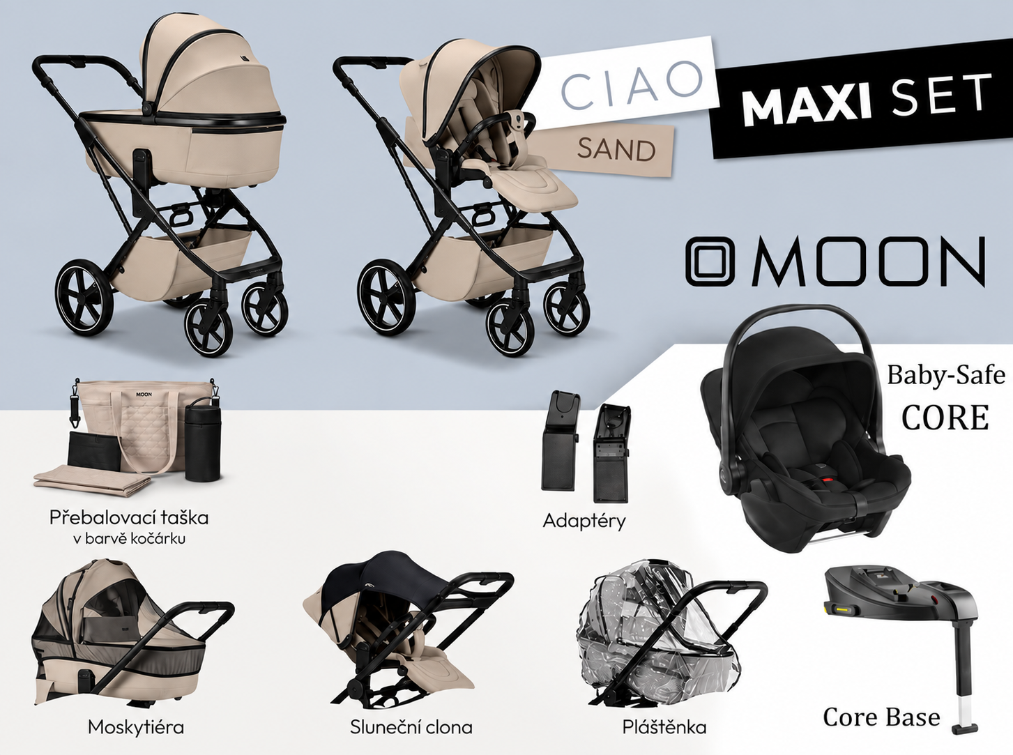 Kočíkový set Moon Ciao Maxi Set s hlbokou vaničkou, športovým sedením, autosedačkou Baby-Safe Core, ISOFIX základňou, adaptéry a bohatým príslušenstvom.