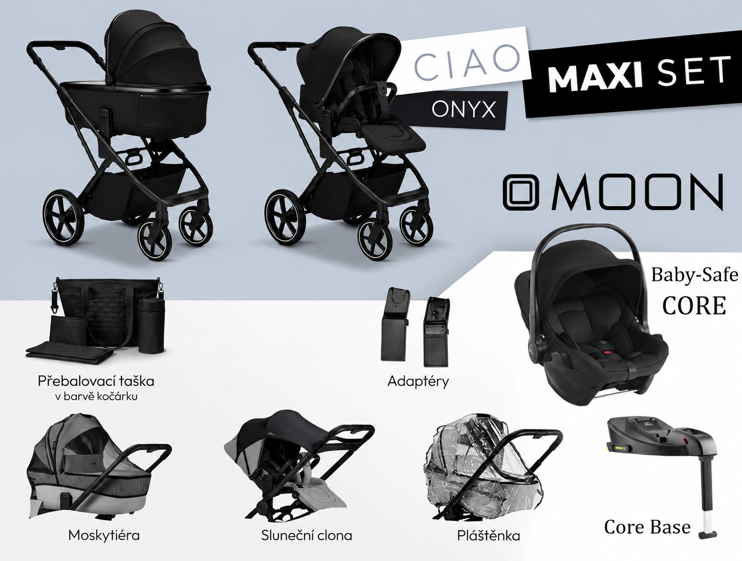 Kočíkový set Moon Ciao Maxi Set s hlbokou vaničkou, športovým sedením, autosedačkou Baby-Safe Core, ISOFIX základňou, adaptéry a bohatým príslušenstvom.