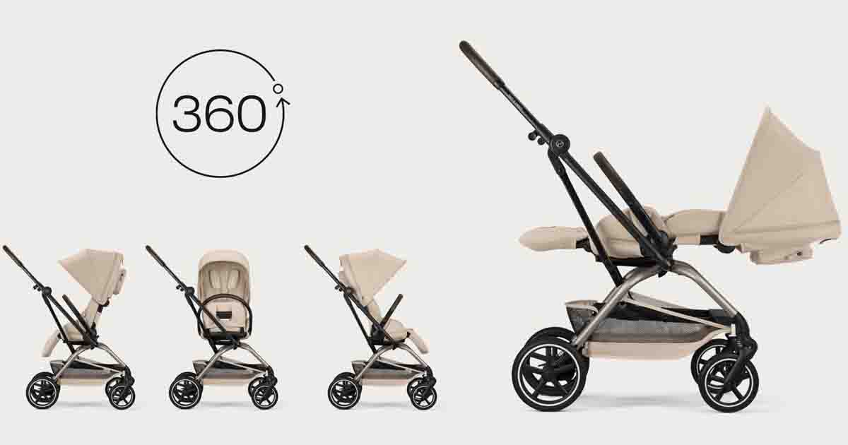 Golfový kočík Cybex Eezy S Twist+2 2026 s otočnou športovou sedačkou o 360°, zobrazenie polôh smerom k rodičovi aj v smere jazdy.