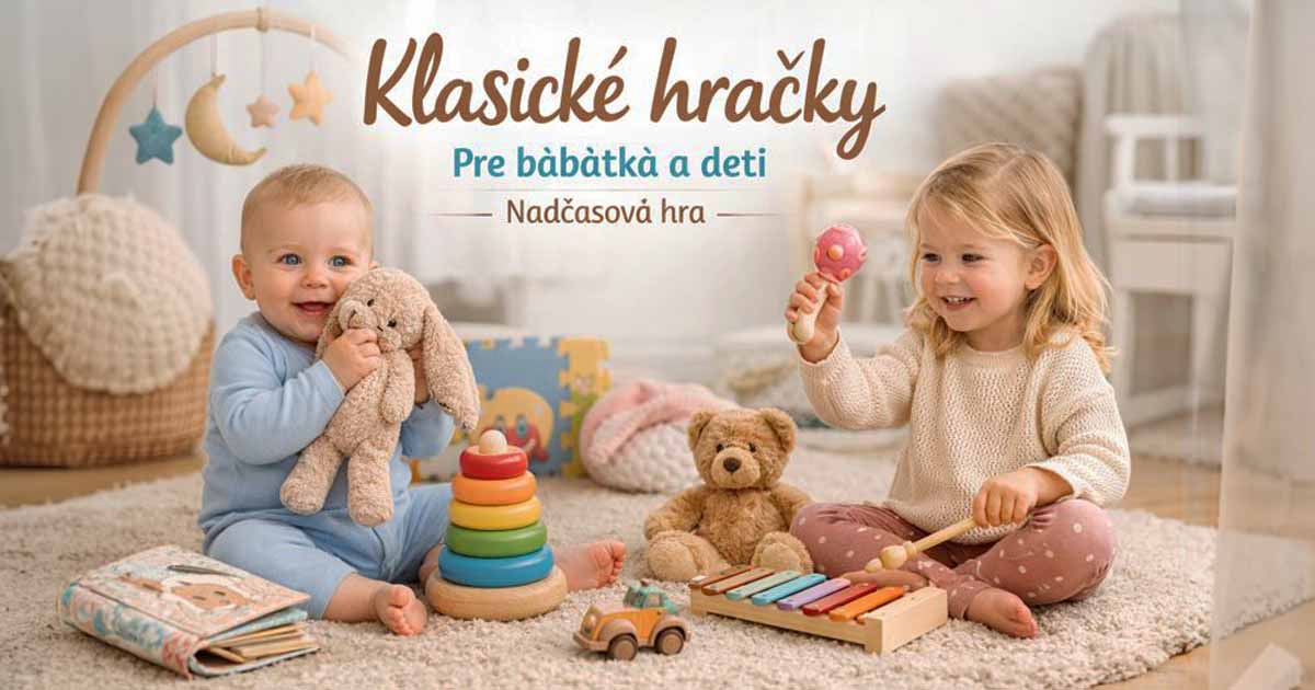 Pokojná hra bábätka a malého dieťaťa s klasickými hračkami, plyšovým maznáčikom a drevenými hračkami v útulnej detskej izbe