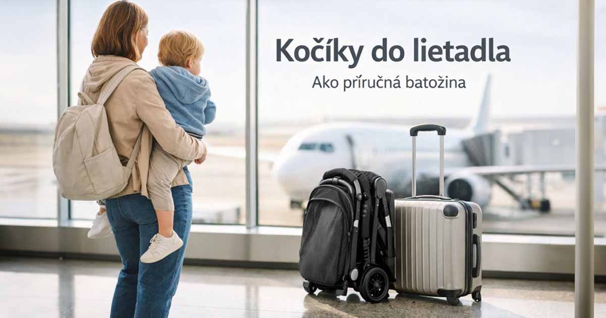 Cestovný kočík do lietadla zložený ako príručná batožina na letisku, rodič s dieťaťom pripravení na cestovanie lietadlom.