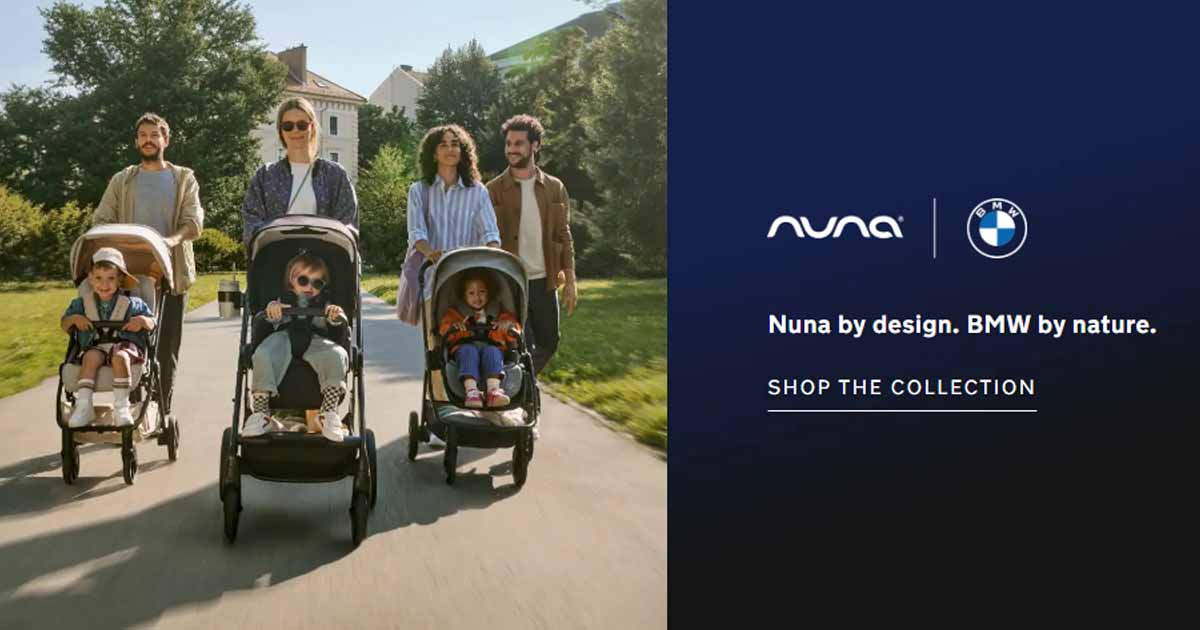 Rodiny pri prechádzke s kočíkmi z dizajnovej kolekcie Nuna a BMW.