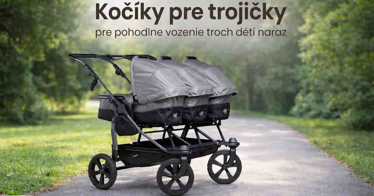 Kočík pre trojičky s tromi samostatnými hlbokými vaničkami a veľkými kolesami, určený na pohodlné prechádzky s tromi deťmi v prírode.