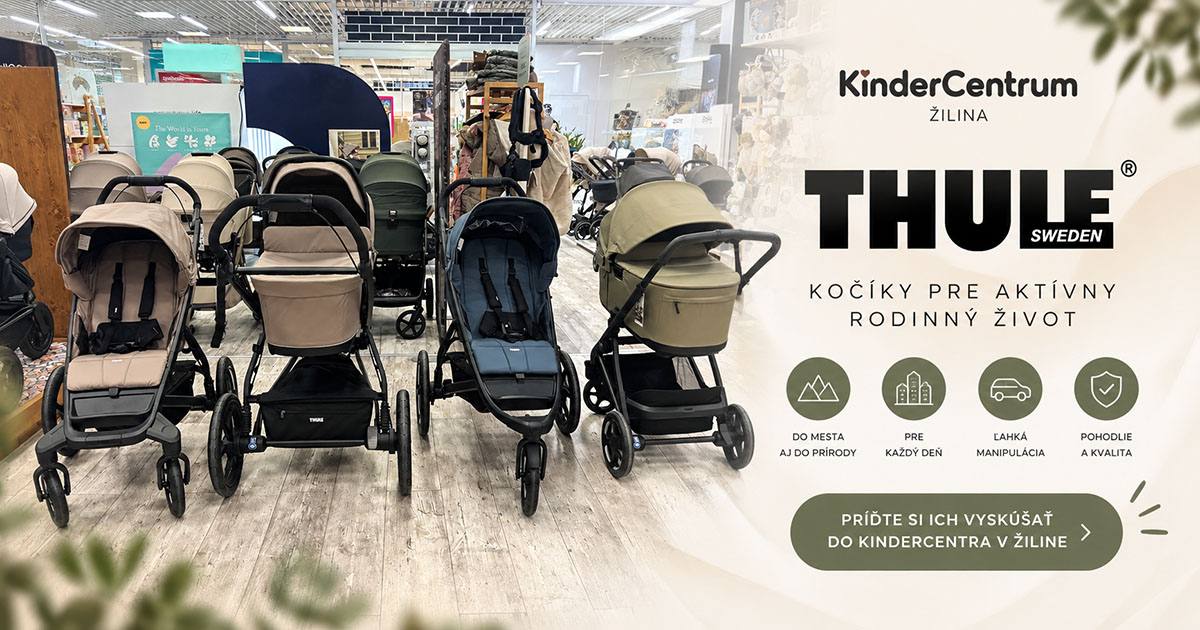 Vystavené detské kočíky THULE v predajni KinderCentrum Žilina s pozvánkou na osobné vyskúšanie kočíkov.