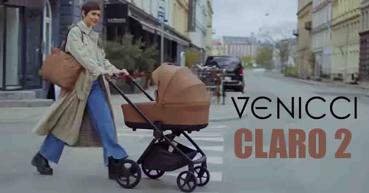 Mestský kombinovaný kočík Venicci Claro 2 v prevedení Caramel pri prechádzke mestskými ulicami, hlboká vanička na ľahkom podvozku.