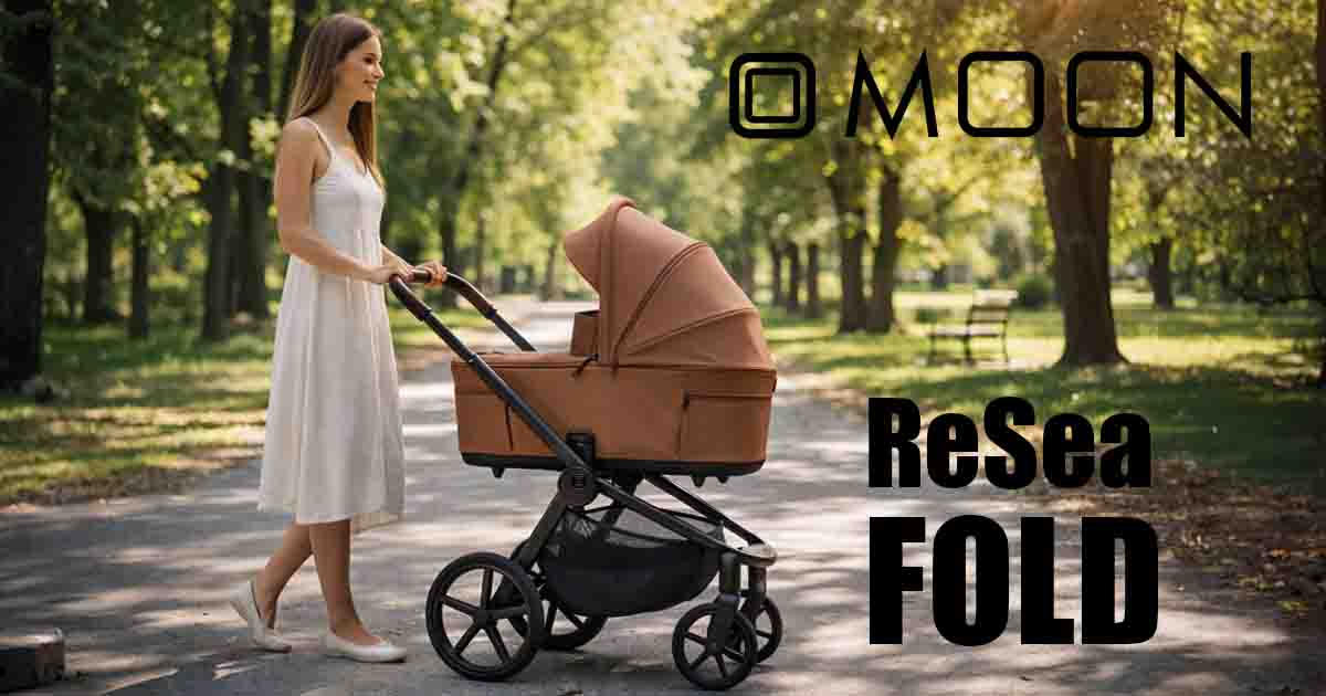 Kombinovaný kočík Moon ReSea Fold s hlbokou vaničkou pri prechádzke v parku – skladací kočík pre bábätká
