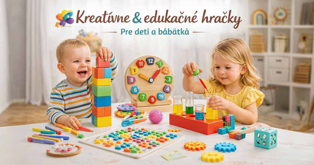 Deti pri pokojnej hre s kreatívnymi a edukačnými hračkami, ktoré podporujú tvorivosť, učenie a objavovanie hrou v domácom prostredí