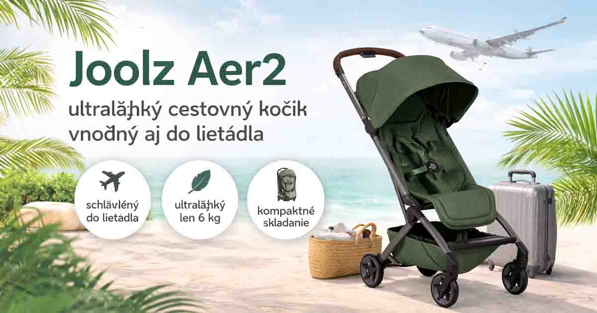 Ultraľahký cestovný kočík Joolz Aer2 v zelenej farbe s kompaktným skladaním, vhodný na cestovanie lietadlom a dovolenky.