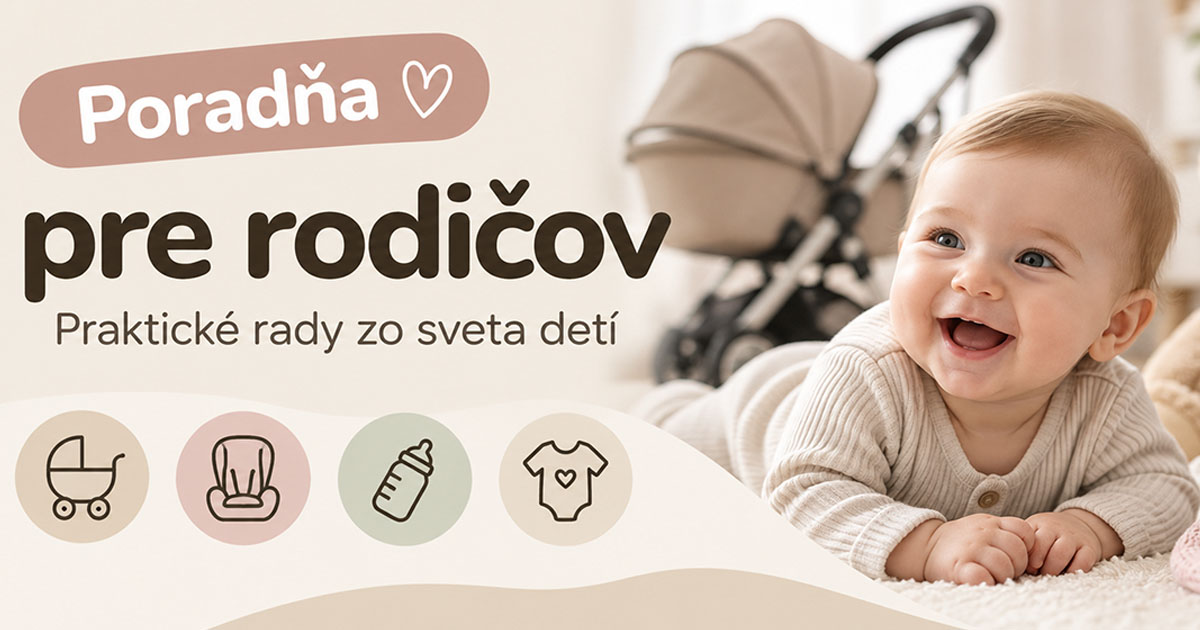 Poradňa pre rodičov z predajne KinderCentrum s usmiatym bábätkom, kočíkom a ikonami detskej výbavy.