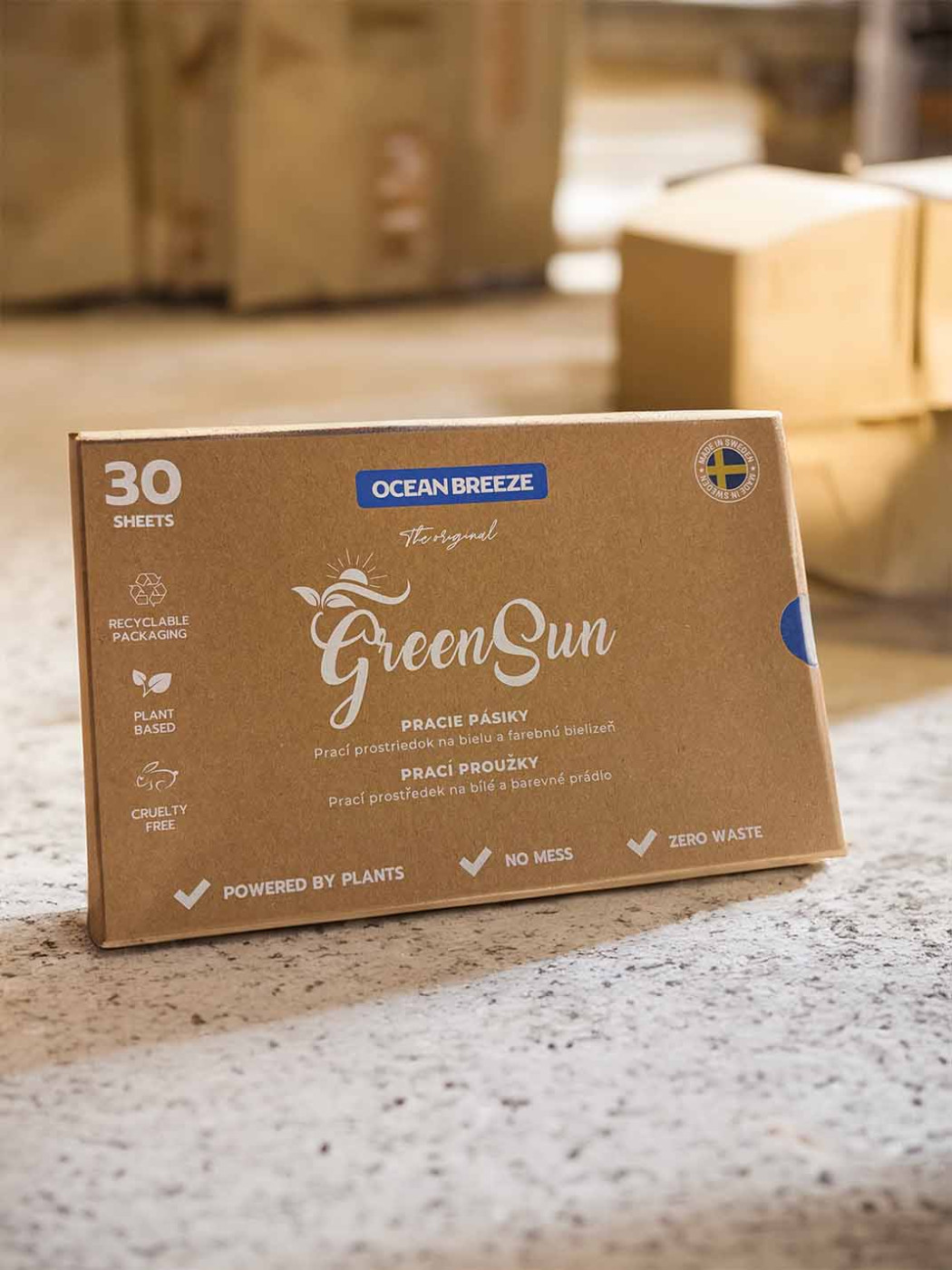 Pracie pásiky GreenSun Ocean Breeze v papierovom ekologickom balení, rastlinný prací prostriedok bez plastov pre bielu aj farebnú bielizeň