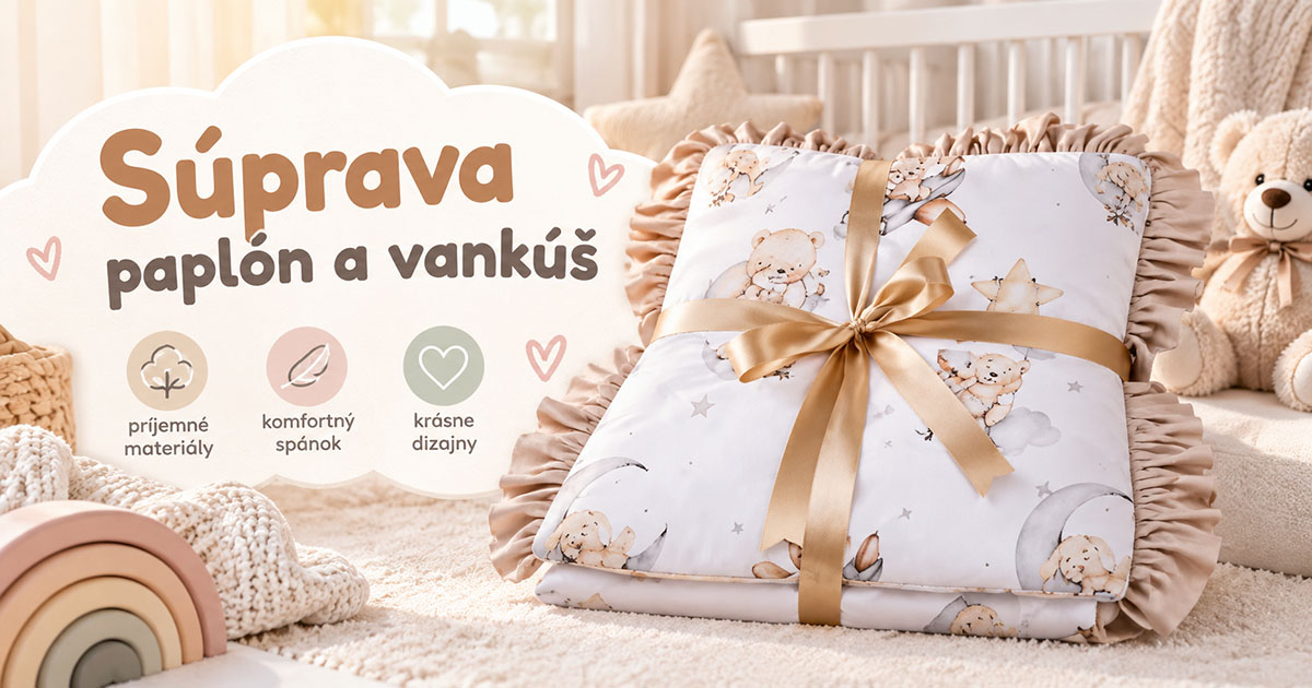 Súprava paplón a vankúš do detskej postieľky s motívom medvedíkov a béžovými volánmi od BySues