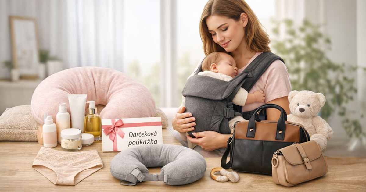 Produkty pre mamičky – nosič bábätka, dojčiaci vankúš, krémy, kabelka a darčeková poukážka.