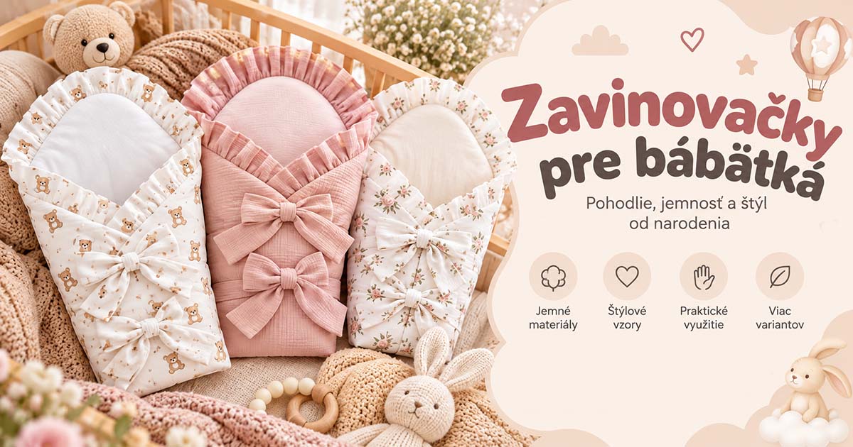 Zavinovačky pre bábätká v jemných pastelových farbách – bavlnená zavinovačka s medvedíkmi, ružová mušelínová zavinovačka a kvetinová zavinovačka s mašľami.